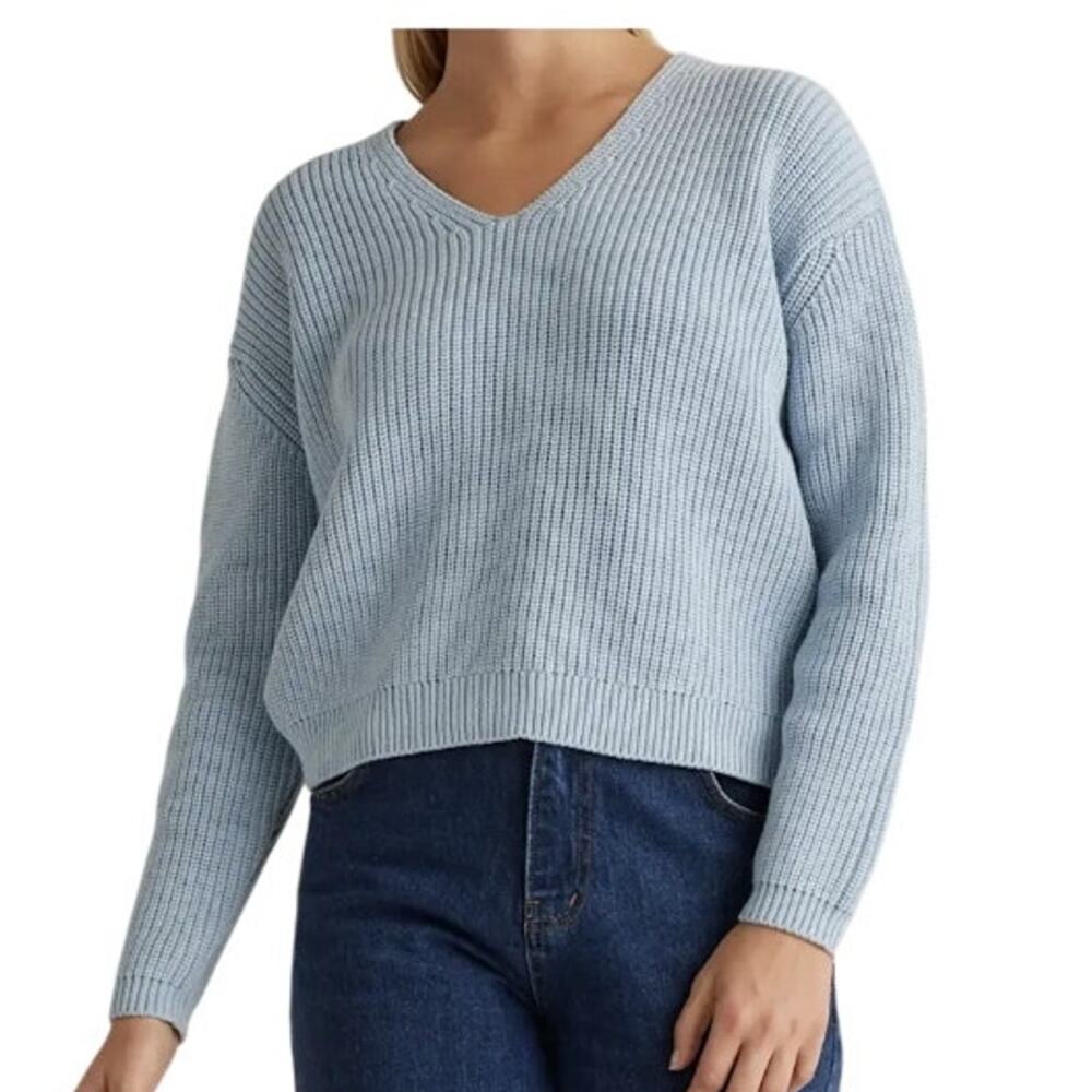 Quince Organic Cotton Fisherman V-Neck Cropped Sweater Sky Blue Size L TINY FLAW